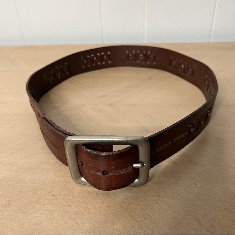 Fossil Brown Leather Decorative Stitch Pattern and Square Silver Buckle M